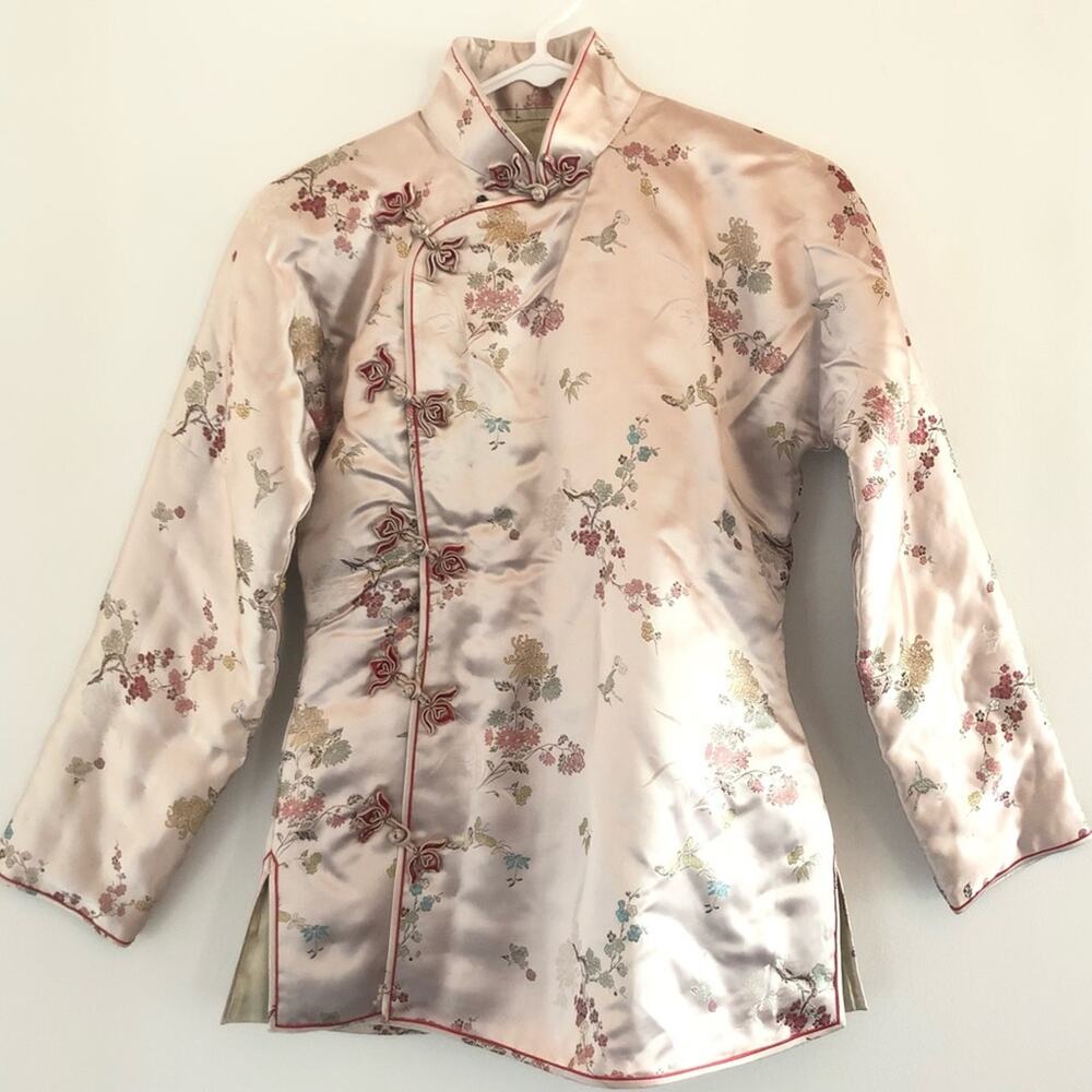 Vintage Asian Pink Satin Silk Jacket Quilted Mandarin Collar Knot Buttons Flower
